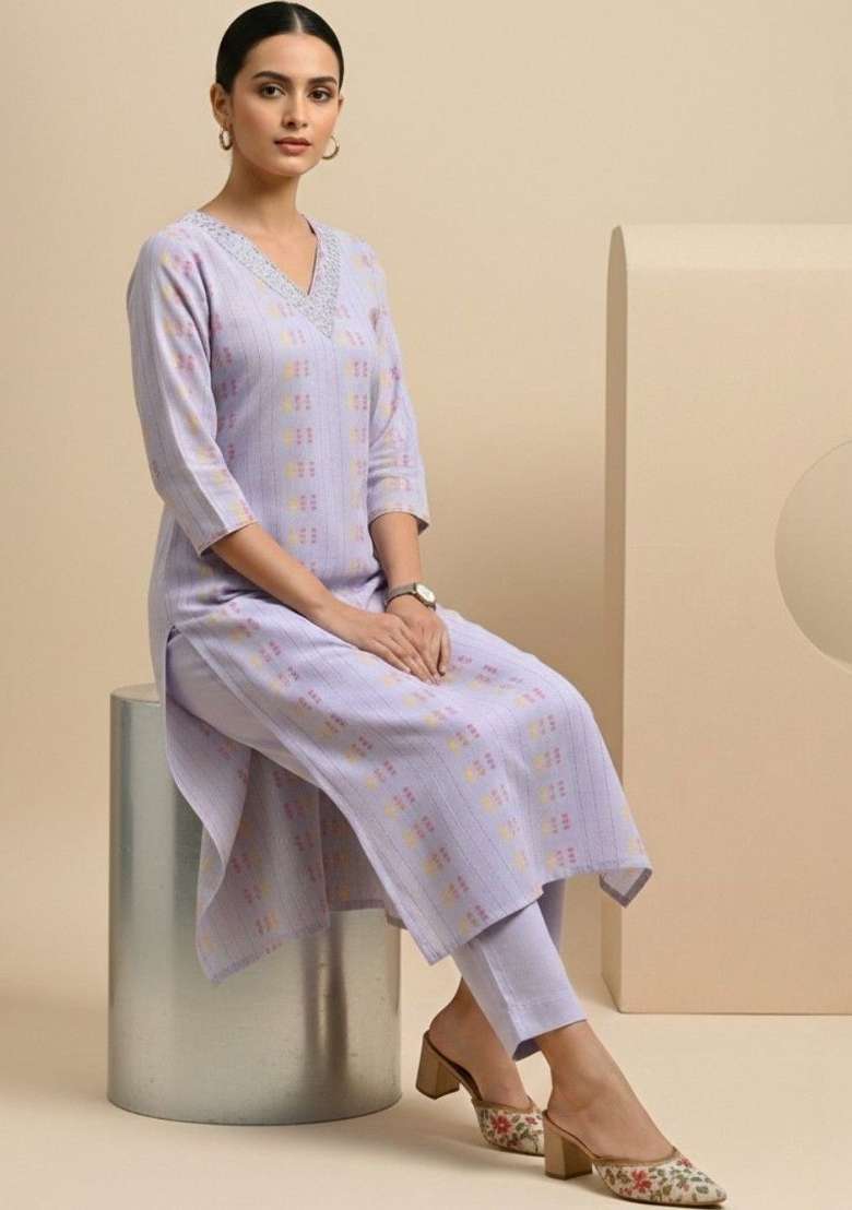 Lavender Solid Cotton Kurta Set - Indya