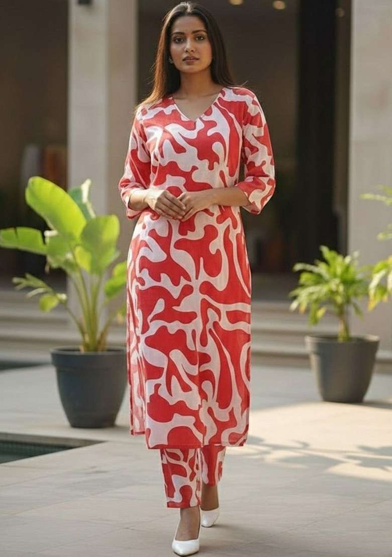 Red Printed Cotton Kurta Set - Indya