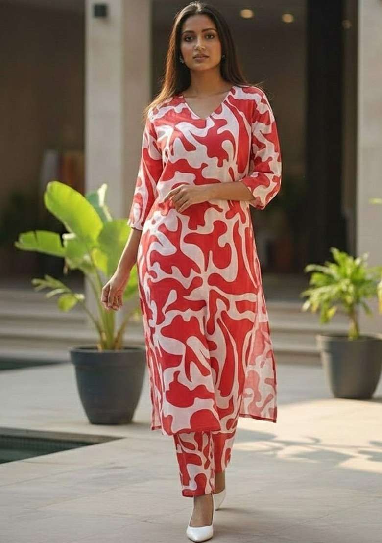 Red Printed Cotton Kurta Set - Indya