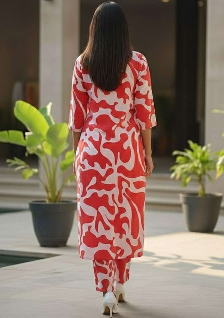 Red Printed Cotton Kurta Set - Indya