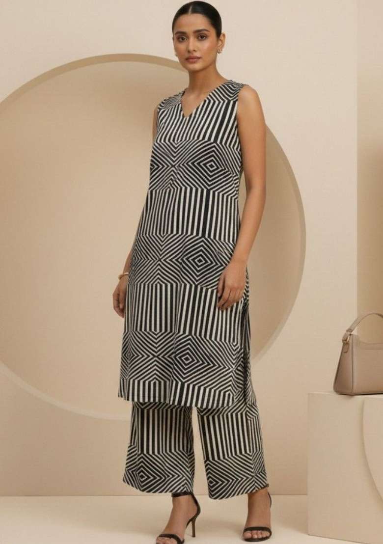 Black Printed Cotton Kurta Set - Indya