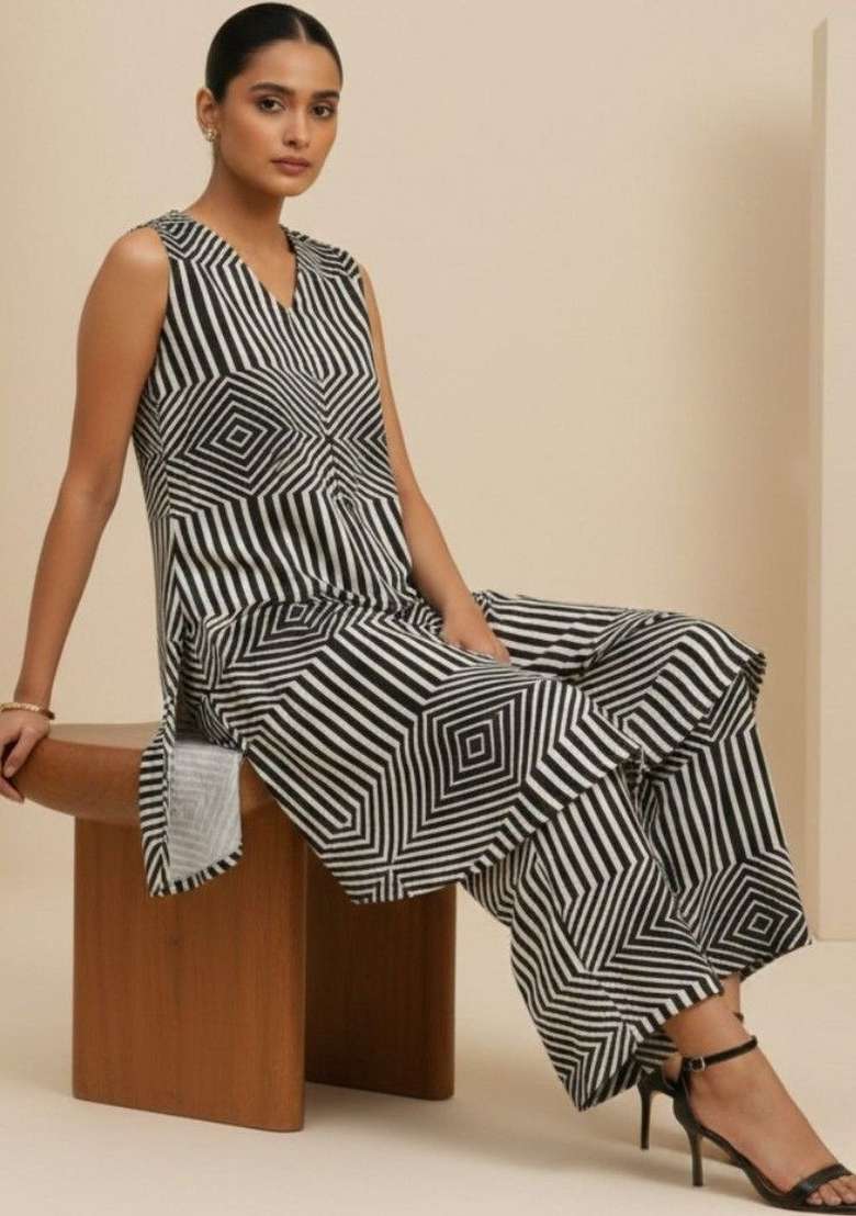 Black Printed Cotton Kurta Set - Indya