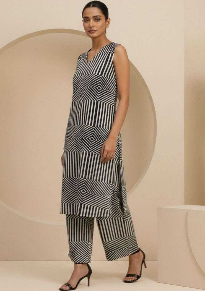 Black Printed Cotton Kurta Set - Indya