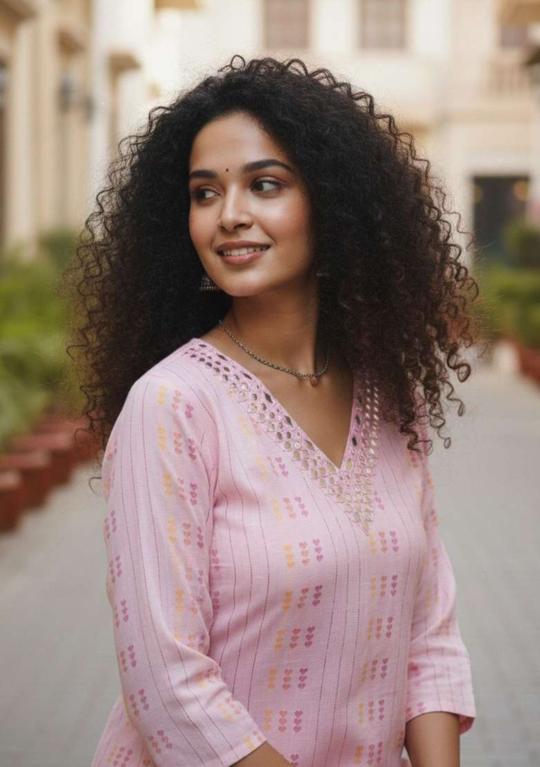 Pink Printed Cotton Kurta Set - Indya
