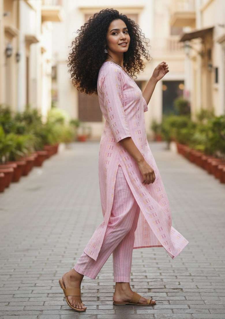Pink Printed Cotton Kurta Set - Indya
