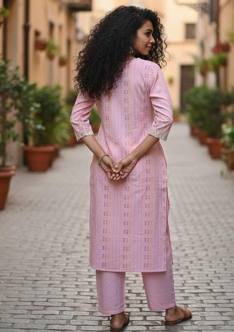 Pink Printed Cotton Kurta Set - Indya