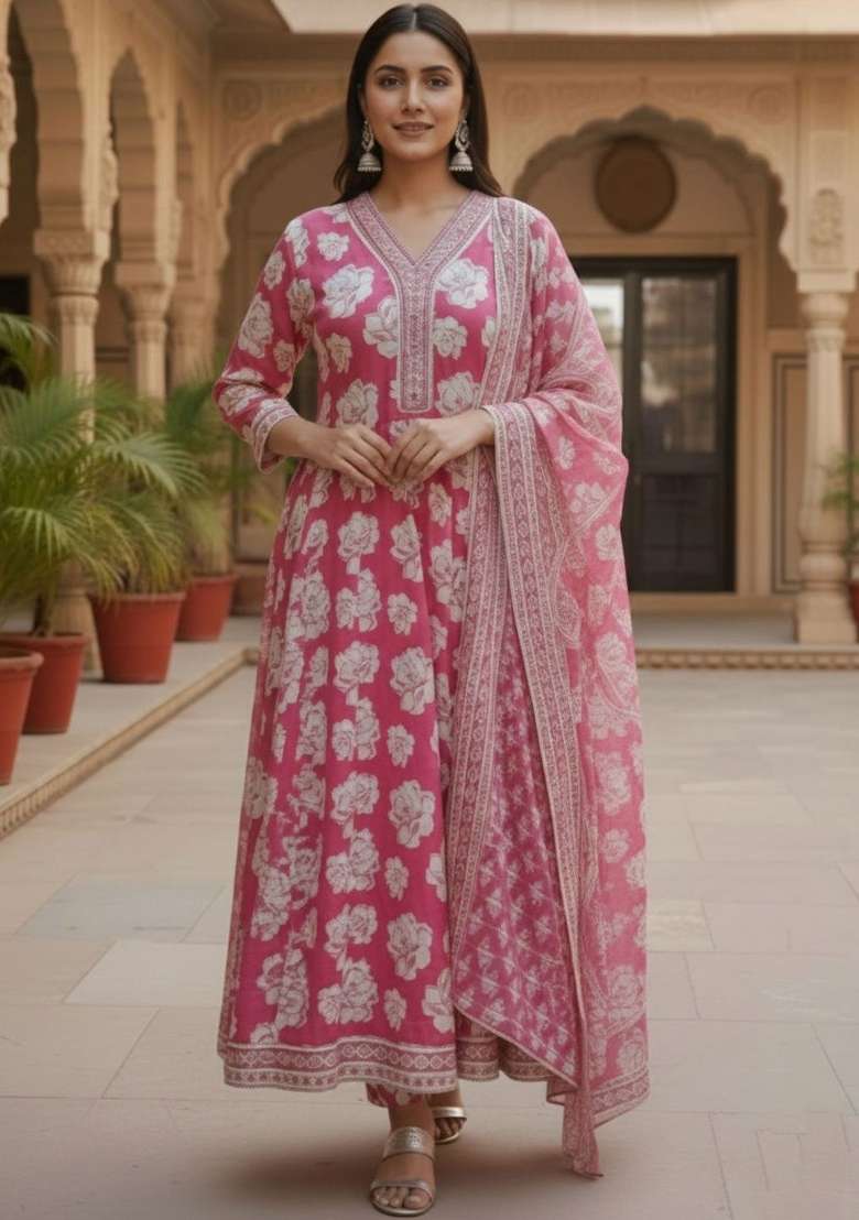Pink Printed Cotton Kurta Set - Indya