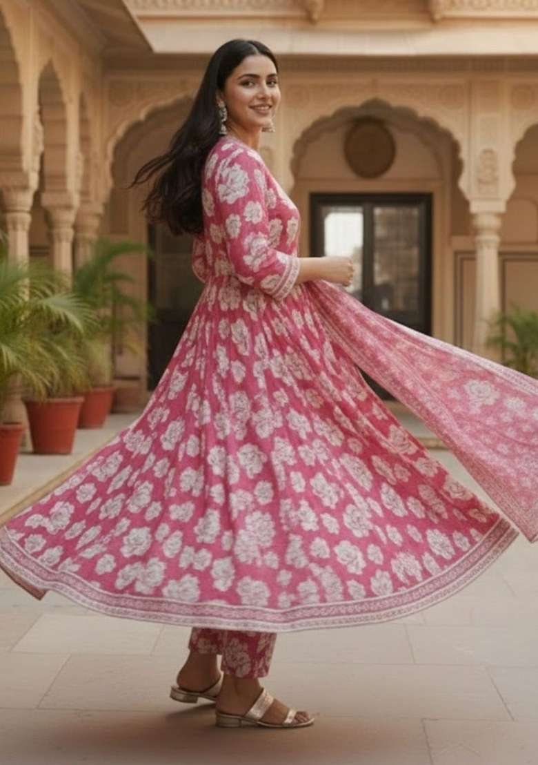 Pink Printed Cotton Kurta Set - Indya