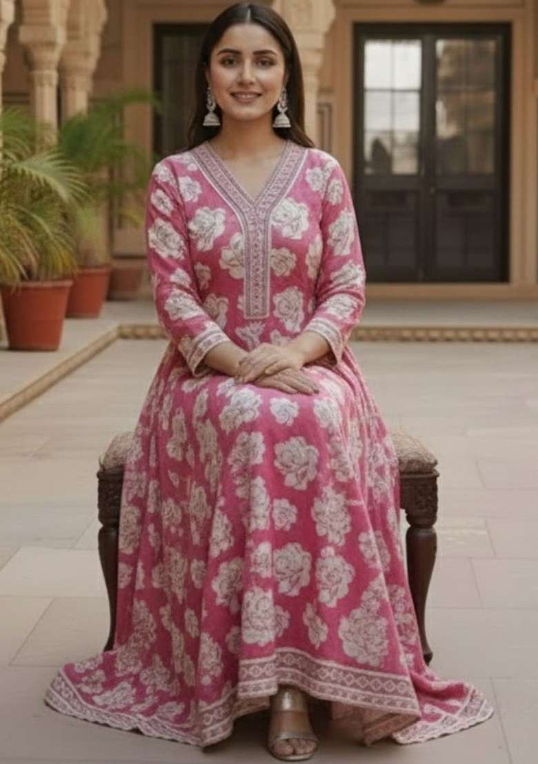 Pink Printed Cotton Kurta Set - Indya