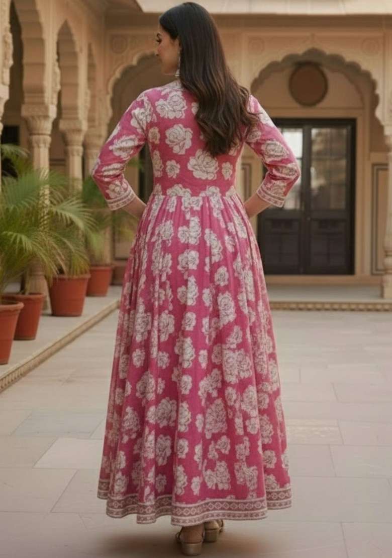 Pink Printed Cotton Kurta Set - Indya