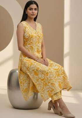 Yellow Printed Cotton Kurta Set