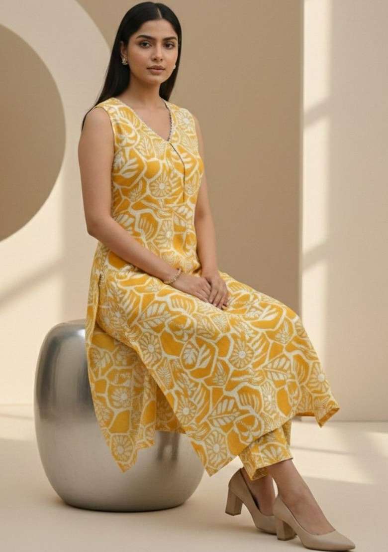 Yellow Printed Cotton Kurta Set - Indya