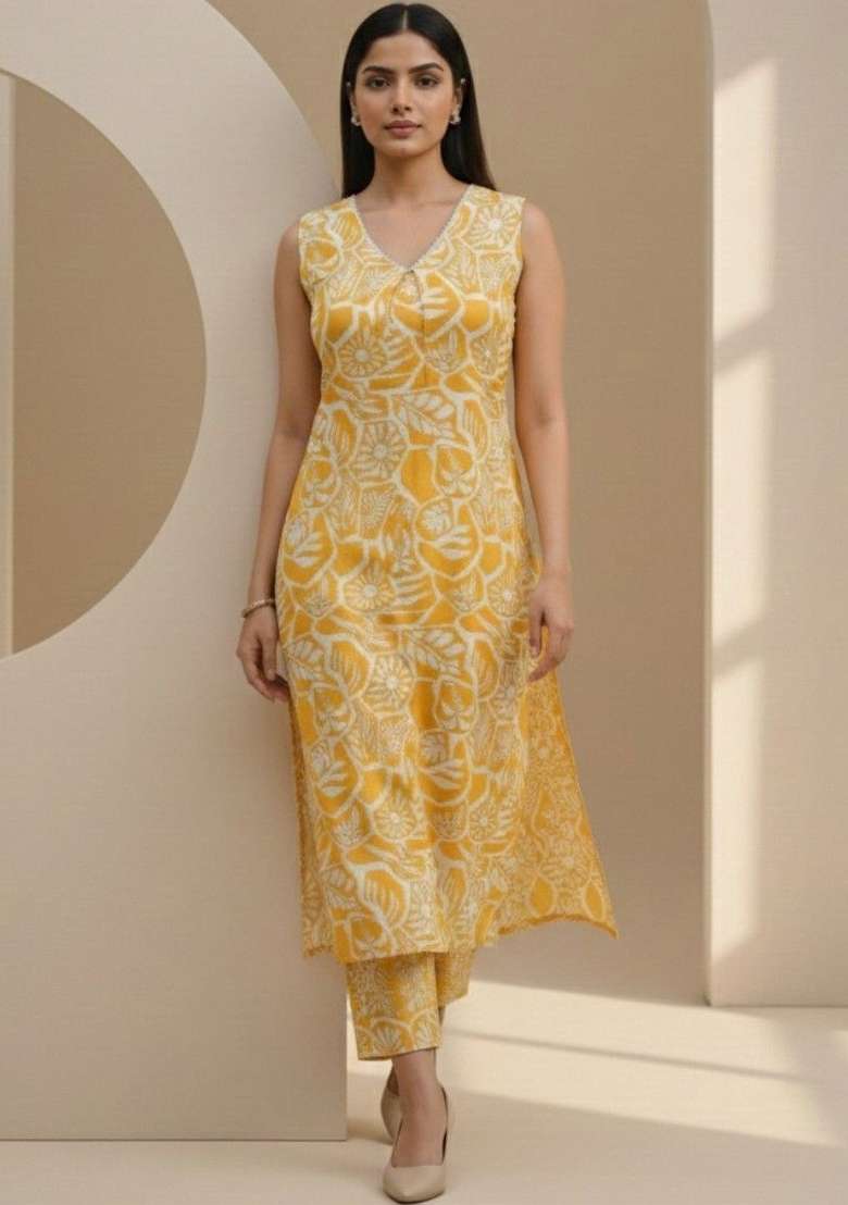 Yellow Printed Cotton Kurta Set - Indya