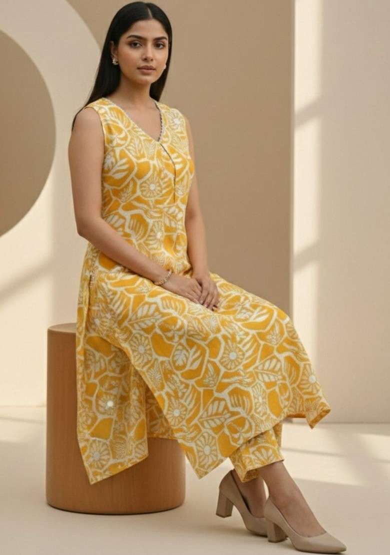 Yellow Printed Cotton Kurta Set - Indya