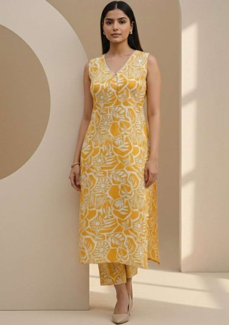 Yellow Printed Cotton Kurta Set - Indya