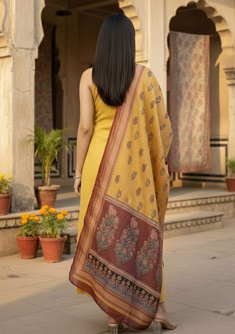 Mustard Solid Cotton Kurta Set - Indya