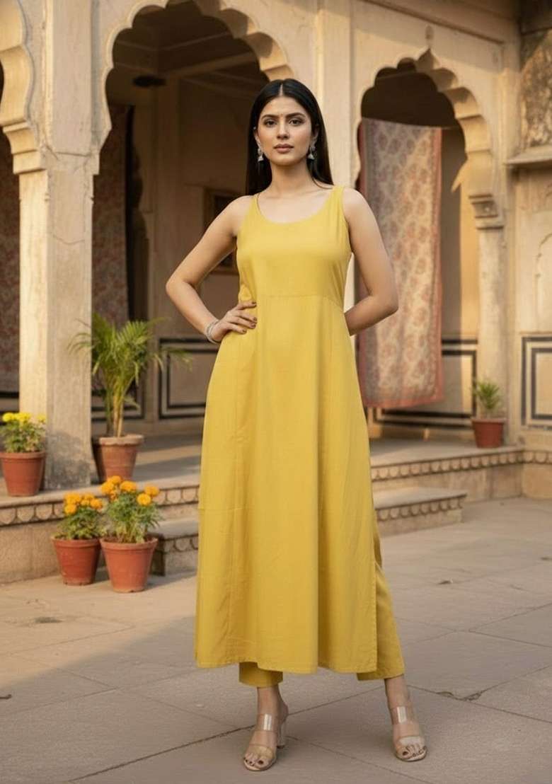 Mustard Solid Cotton Kurta Set - Indya