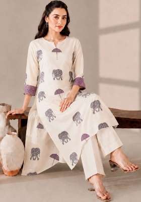 Cream Printed Cotton Kurta Set