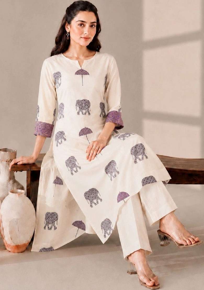 Cream Printed Cotton Kurta Set - Indya
