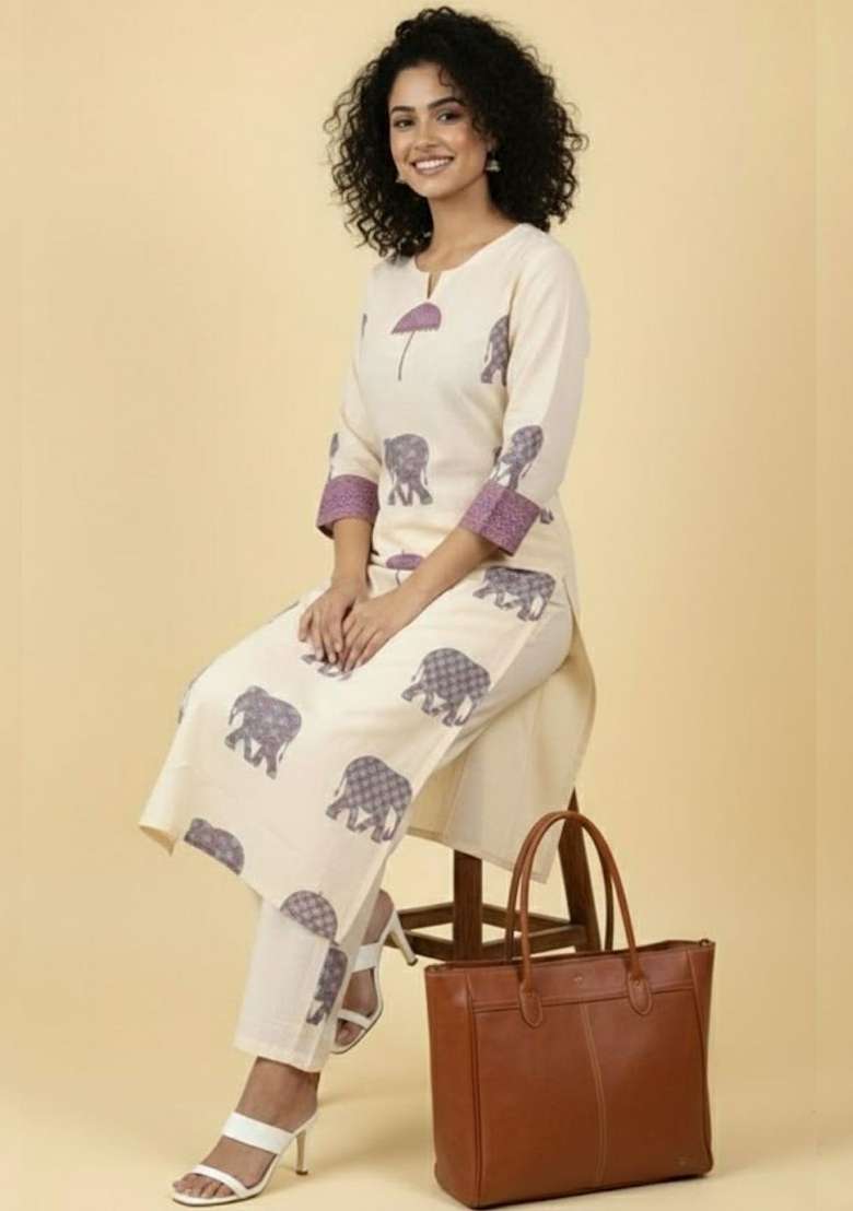 Cream Printed Cotton Kurta Set - Indya