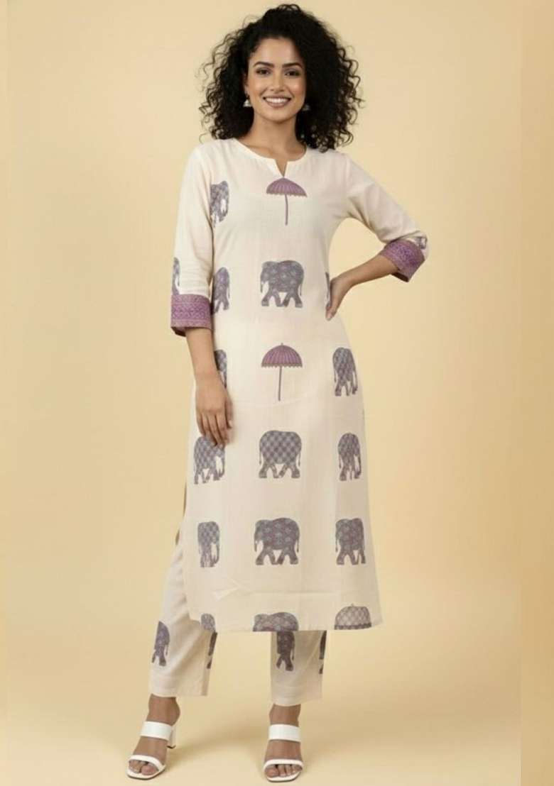 Cream Printed Cotton Kurta Set - Indya