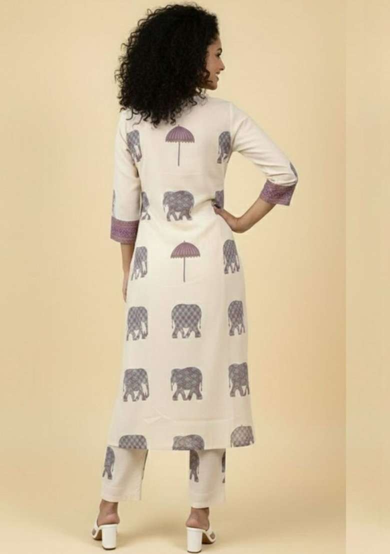 Cream Printed Cotton Kurta Set - Indya