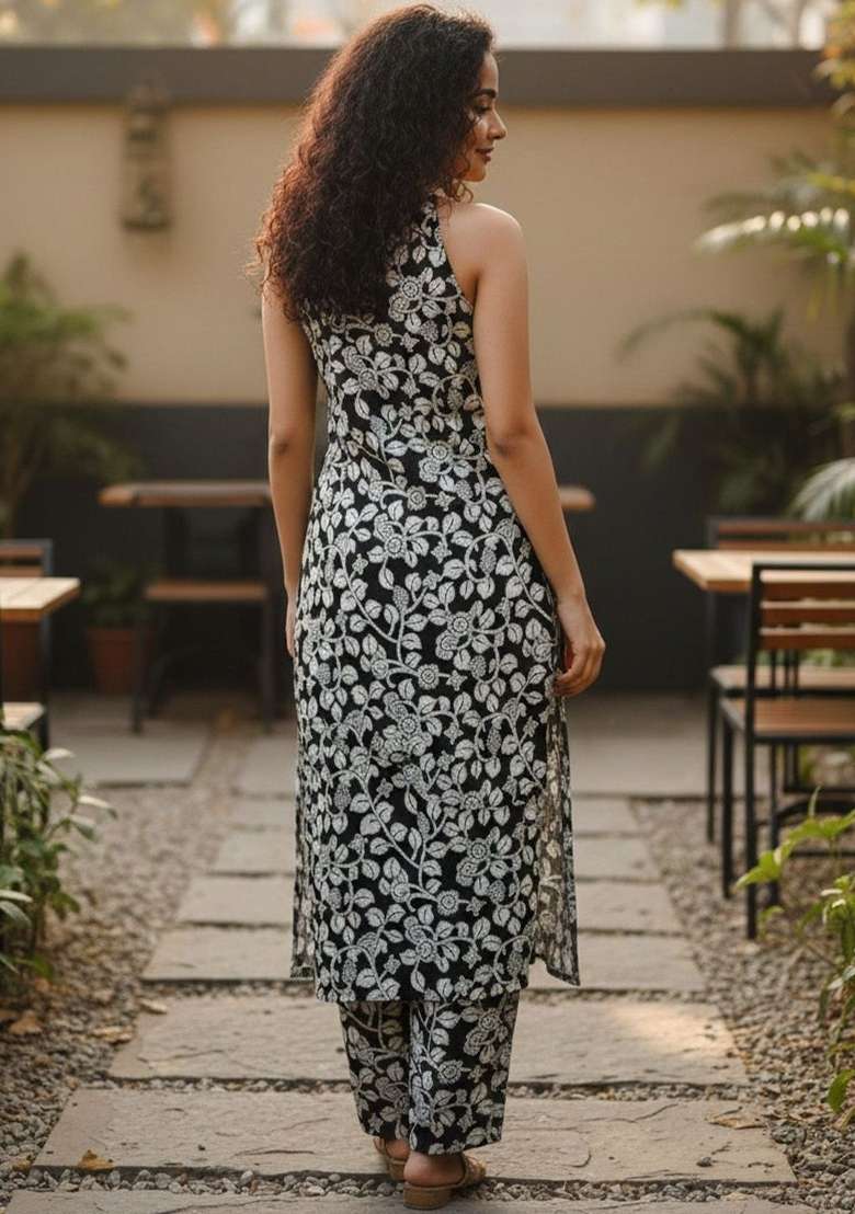 Black Printed Cotton Kurta Set - Indya