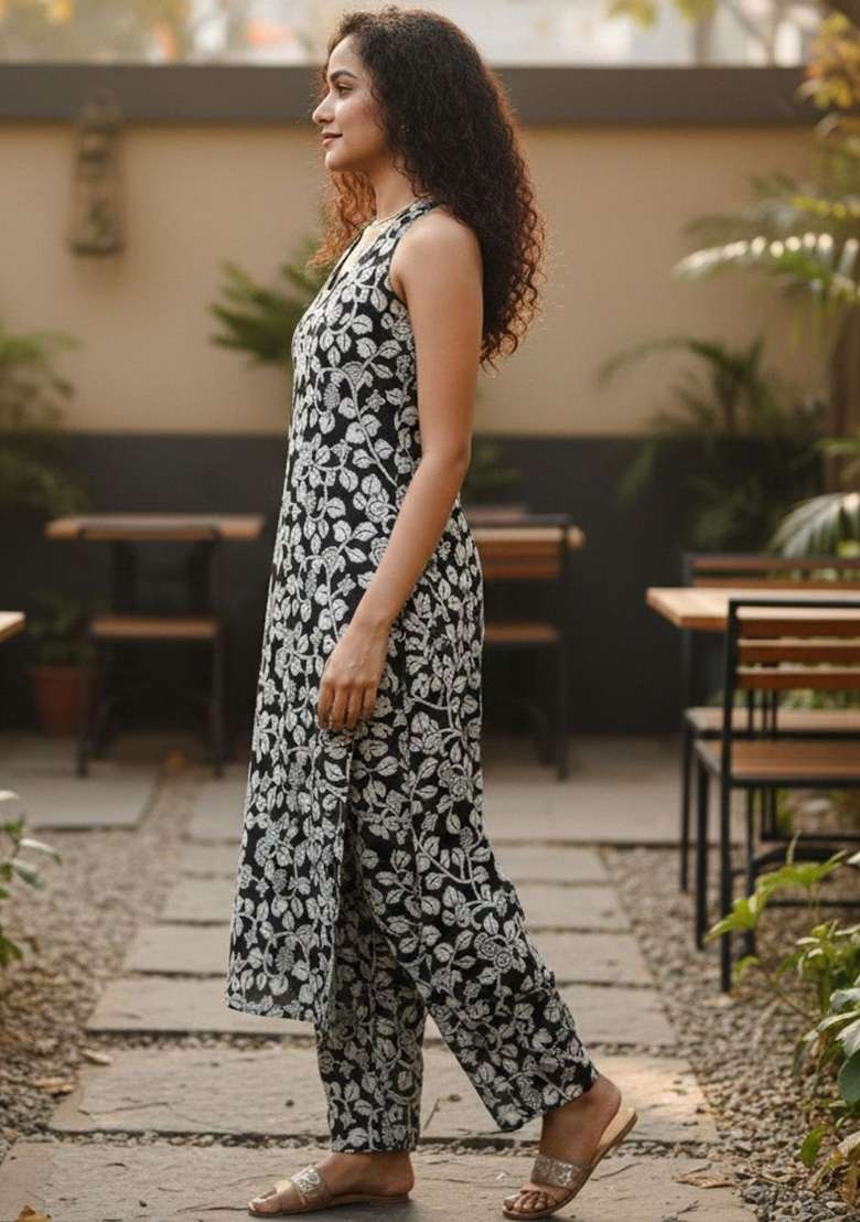Black Printed Cotton Kurta Set - Indya