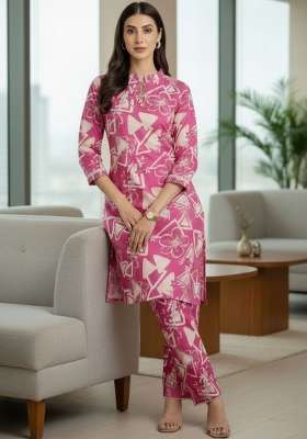 Pink Printed Cotton Kurta Set