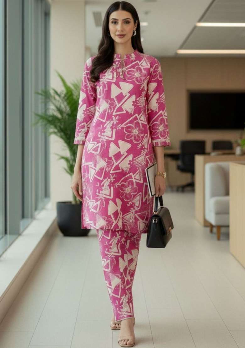 Pink Printed Cotton Kurta Set - Indya