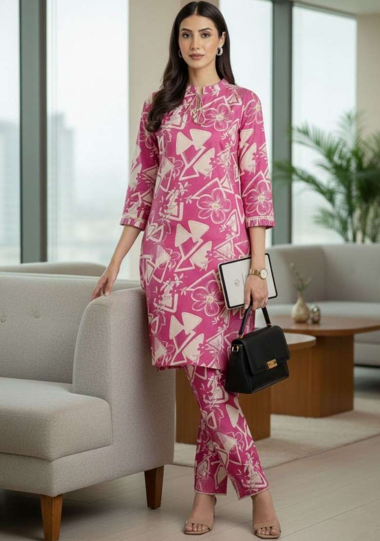 Pink Printed Cotton Kurta Set - Indya