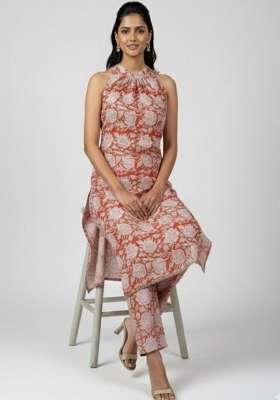 Red Printed Cotton Kurta Set