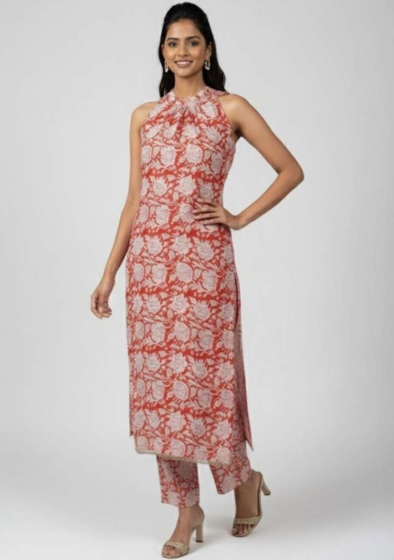 Red Printed Cotton Kurta Set - Indya