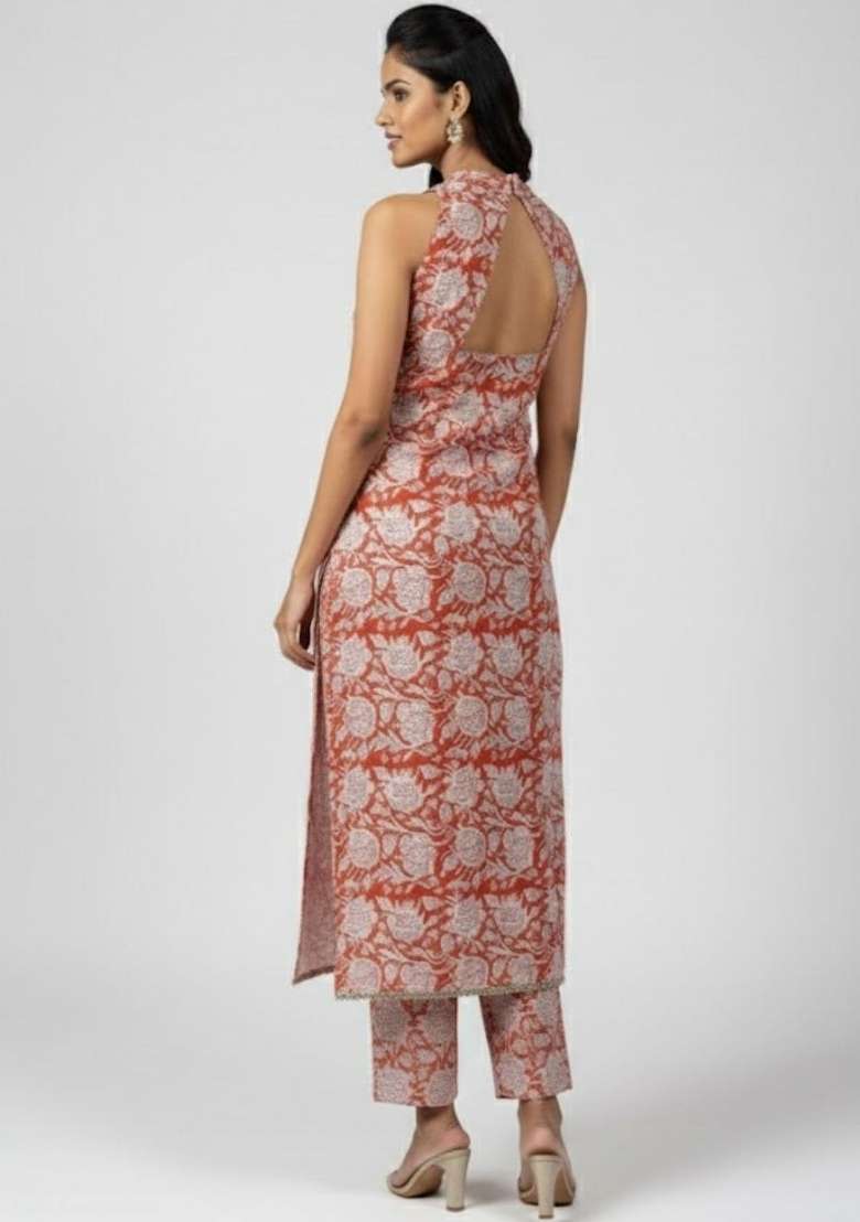 Red Printed Cotton Kurta Set - Indya
