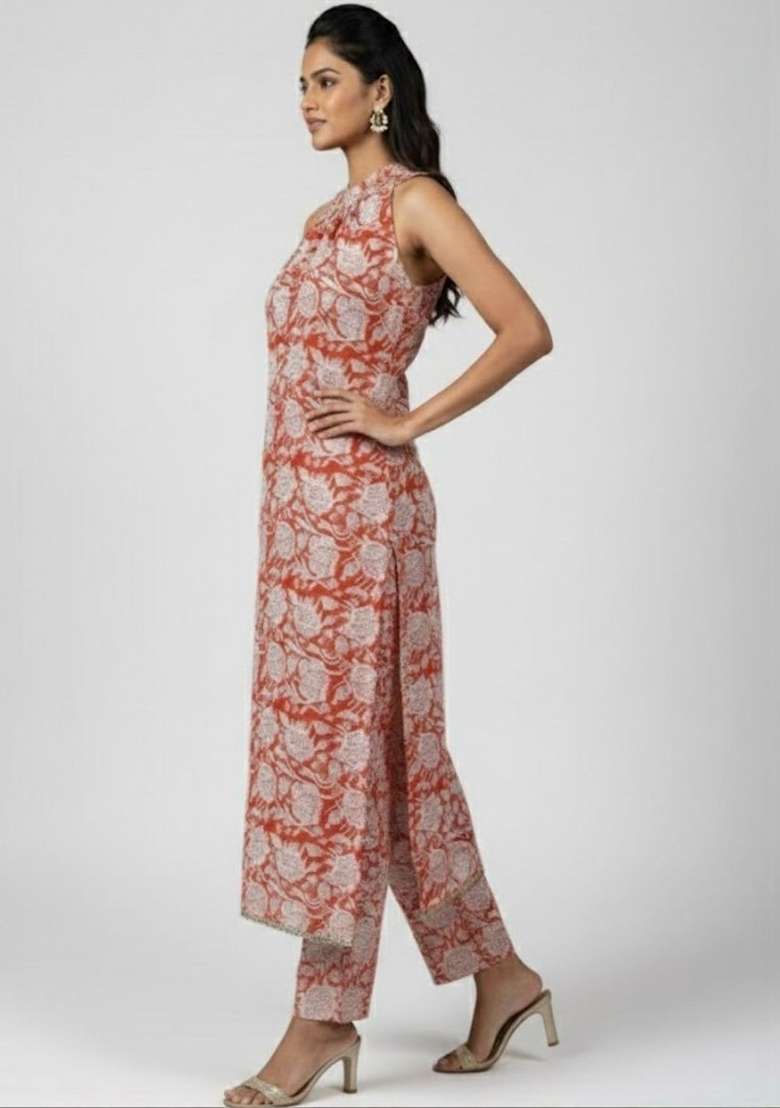 Red Printed Cotton Kurta Set - Indya