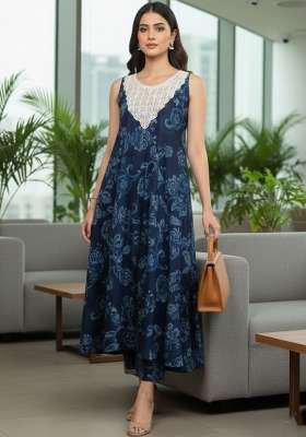 Navy Blue Printed Cotton Kurta Set