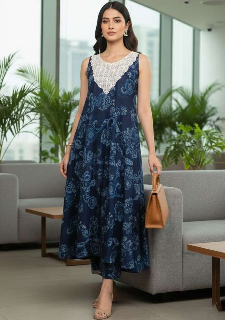 Navy Blue Printed Cotton Kurta Set - Indya