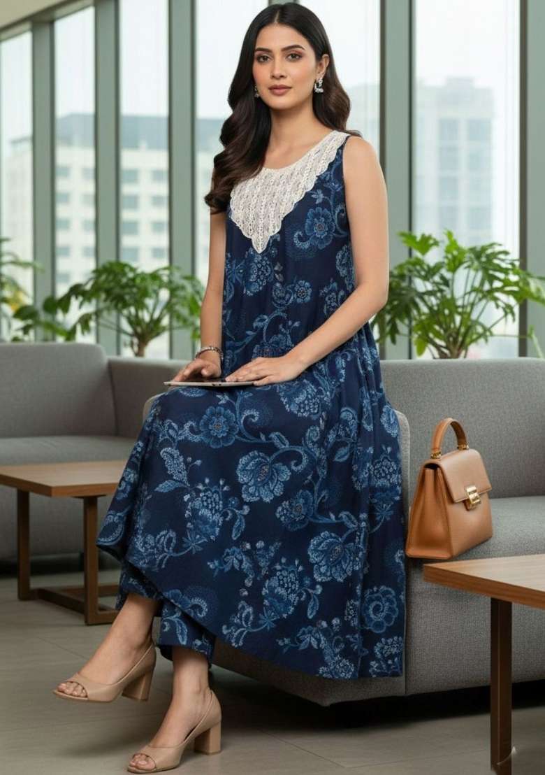 Navy Blue Printed Cotton Kurta Set - Indya