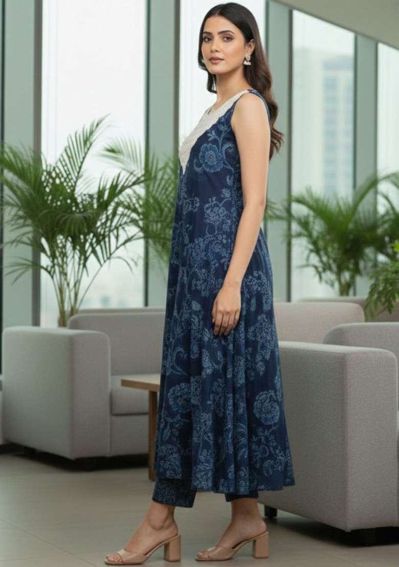 Navy Blue Printed Cotton Kurta Set - Indya