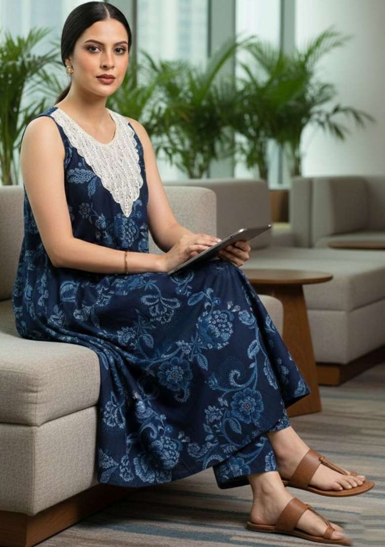 Navy Blue Printed Cotton Kurta Set - Indya