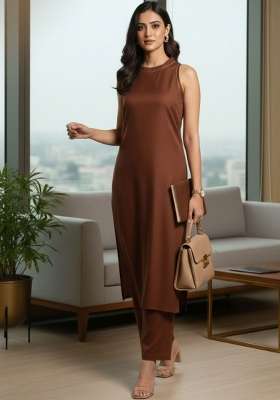 Brown Solid Cotton Kurta Set