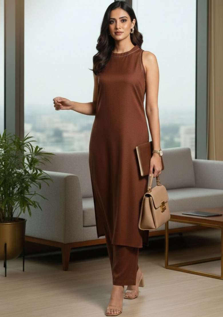 Brown Solid Cotton Kurta Set - Indya