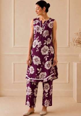 Maroon Printed Cotton Kurta Set