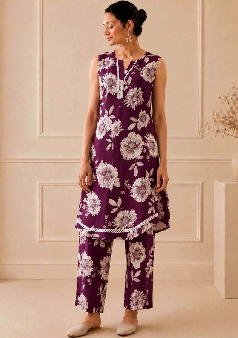 Maroon Printed Cotton Kurta Set - Indya