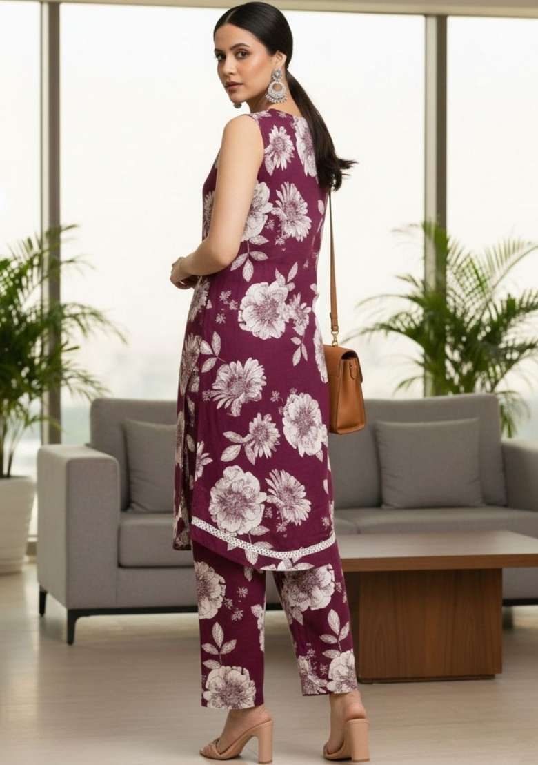 Maroon Printed Cotton Kurta Set - Indya