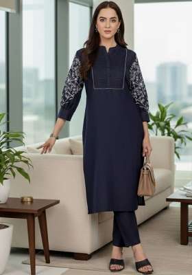 Navy Blue Solid Cotton Kurta Set