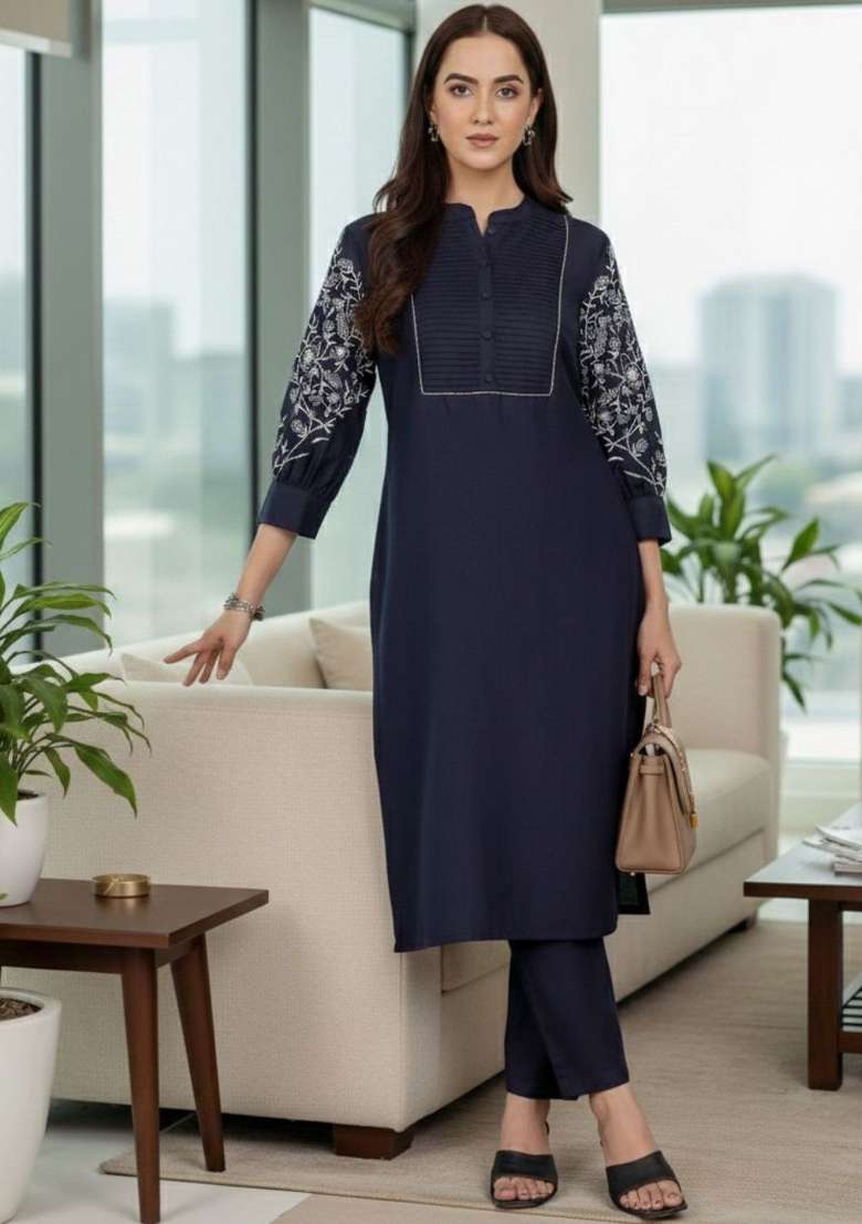 Navy Blue Solid Cotton Kurta Set - Indya