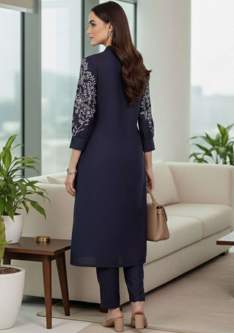 Navy Blue Solid Cotton Kurta Set - Indya