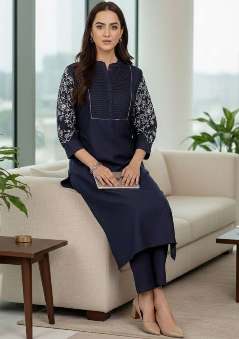 Navy Blue Solid Cotton Kurta Set - Indya