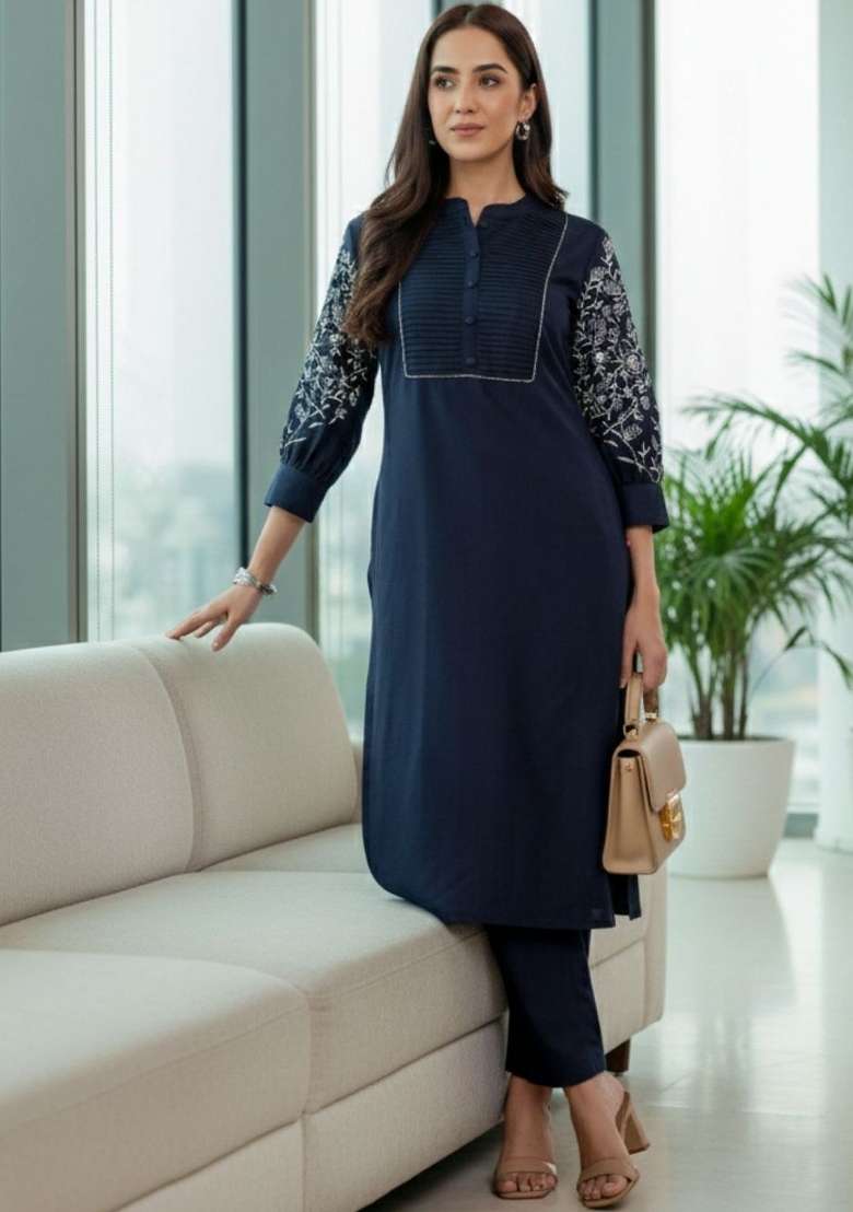 Navy Blue Solid Cotton Kurta Set - Indya